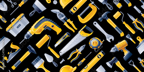 Repair tools seamless pattern. Construction set with hammer saw drill pliers background. Hardware, carpentry, repair and mechanic work toolbox pattern. Builder, plumber, handyman tool equipment