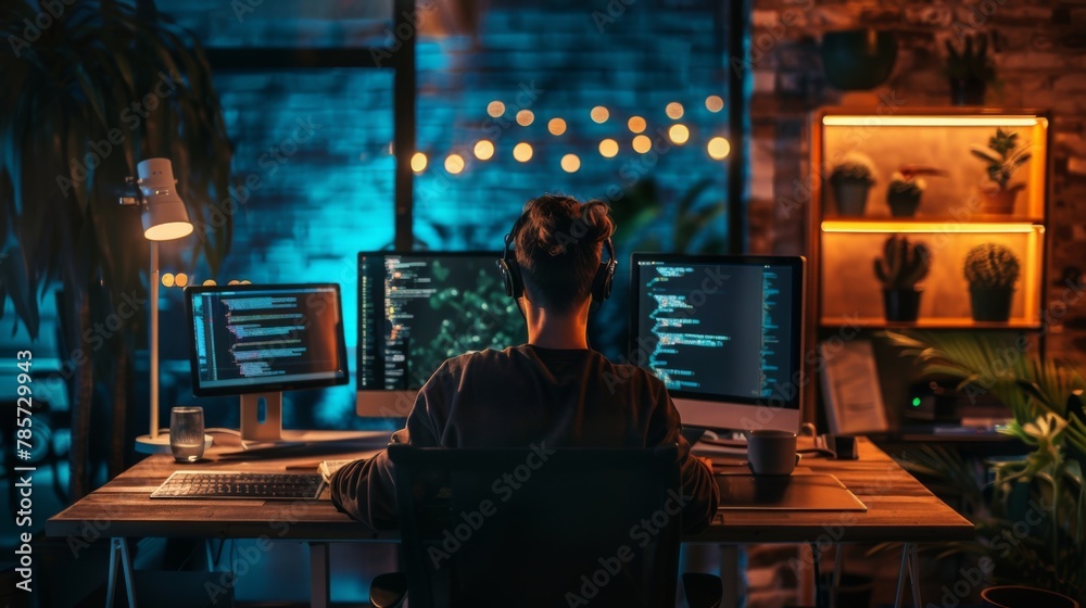 Programmer Working Late at Night in a Modern Office