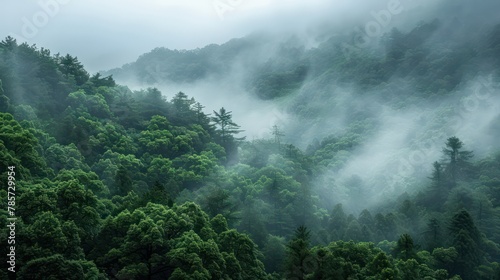An ethereal view of a mist-covered forest with sunlight filtering through, highlighting the vibrant greenery and serene atmosphere © Matthew
