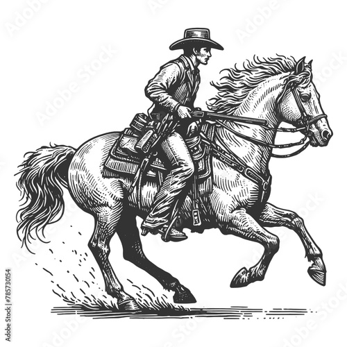 cowboy riding a galloping horse, with detailed hatching and dynamic motion sketch engraving generative ai fictional character vector illustration. Scratch board imitation. Black and white image.
