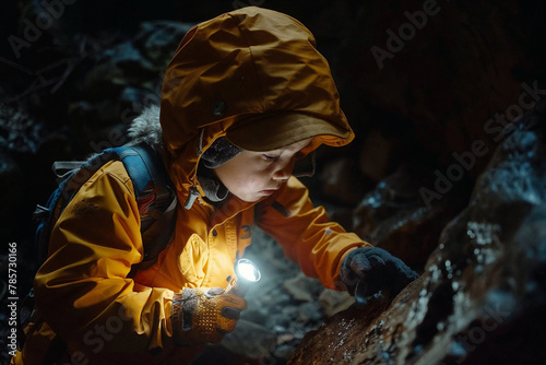 Young Child Exploring Dark Cave with Flashlight in Hand