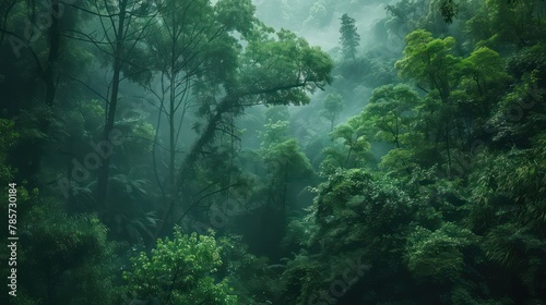 An atmospheric and moody image of a dense forest with various shades of green, highlighting the beauty and mystery of nature amidst fog