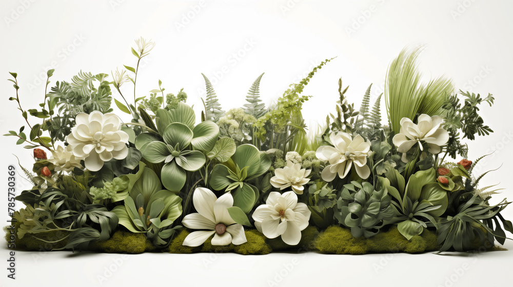 Fototapeta premium Plantes, fleurs et végétaux. Fond blanc avec espace vide de composition pour création et conception graphique. Feuilles, branchage, nature, tropical.