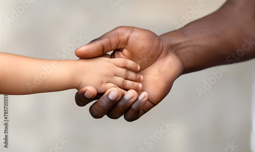 Сlose-up of a man's hand holding a child's hand. Happy Father’s Day greeting card. Children's Day. 