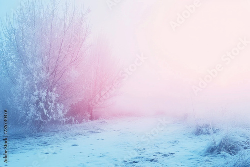 Ethereal Winter Landscape with Frosty Trees and Soft Pastel Sunrise Colors