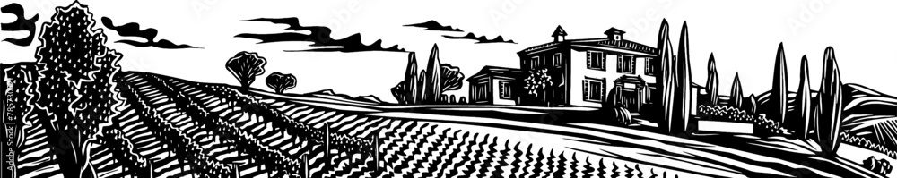 majestic villa surrounded by the orderly rows of a vineyard sketch engraving generative ai vector illustration. Scratch board imitation. Black and white image.