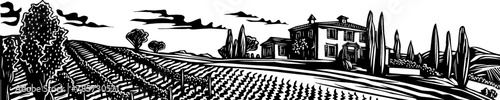 majestic villa surrounded by the orderly rows of a vineyard sketch engraving generative ai vector illustration. Scratch board imitation. Black and white image.