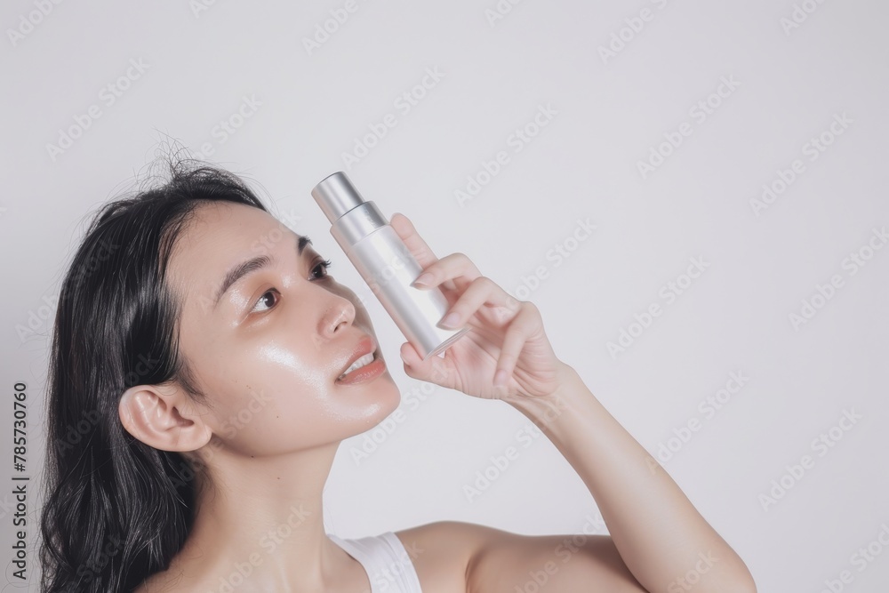 A young woman evaluating a moisturizer beauty product, contemplating skincare benefits. A young woman evaluating a moisturizer beauty product, contemplating skincare benefits.