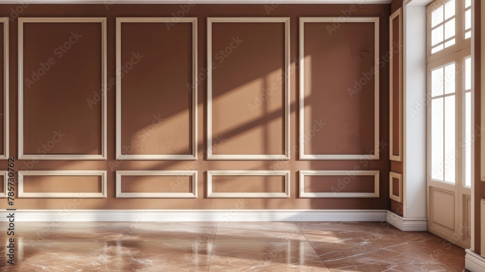 An empty room with wooden panels, marble floors basked in the warm sunlight shining through a French window An empty room with wooden panels, marble floors basked in the warm sunlight shining through a French window