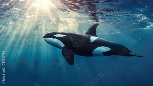 Wonderful photo of an orca underwater with sunrays breaking through the ocean water