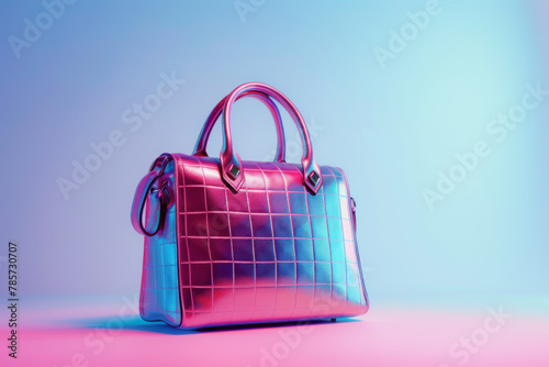 Fashionable Holographic Handbag on a Vibrant Pink and Blue Gradient Background