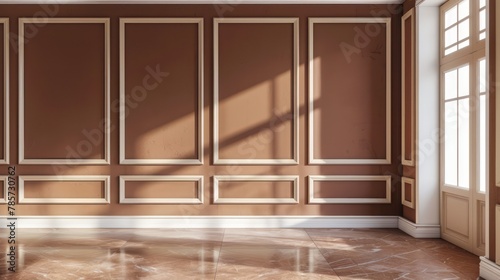 An empty room with wooden panels  marble floors basked in the warm sunlight shining through a French window