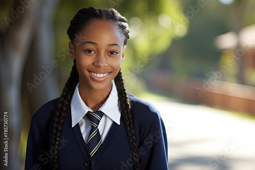 Smiling Schoolgirl with Braids Wearing Uniform on Sunny Campus photo