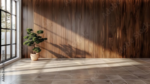 A serene  empty room with strong warm sunlight casting shadows on a wooden wall  with a potted plant adding a touch of nature
