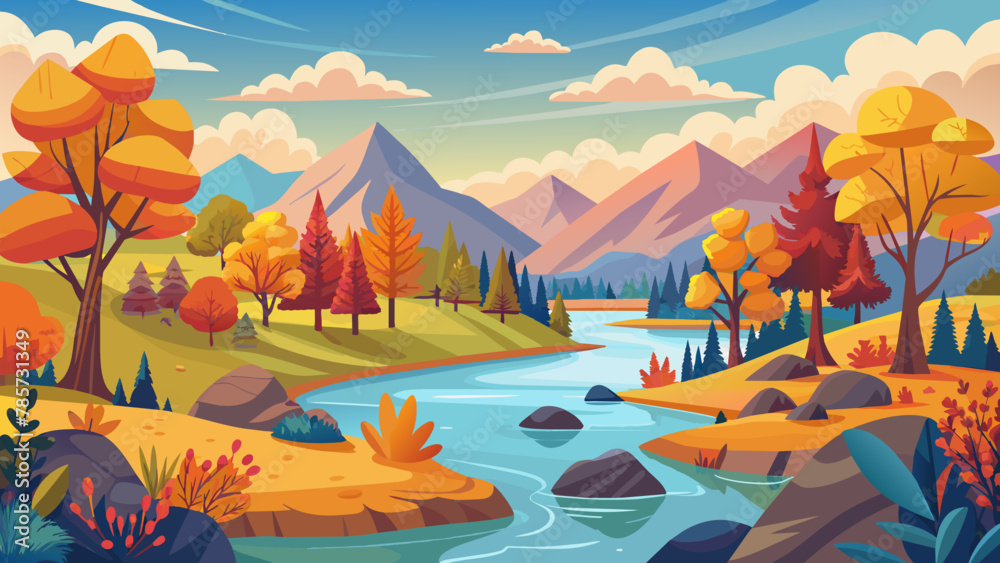 autumn river landscape vector illustration