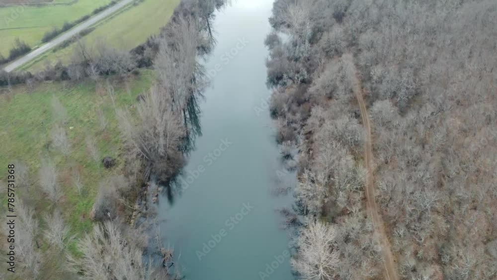 drone flying over the esla river in león on a winter morning with frozen trees. Video in blue and green tones
