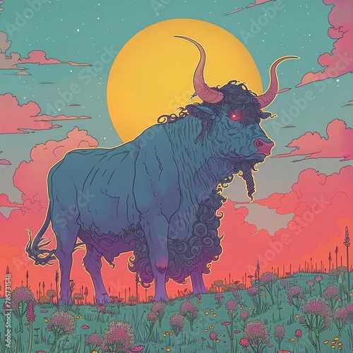 Taurus zodiac sign, earthy and lush green wallpaper, cinematic style with a bull silhouette against a setting sun