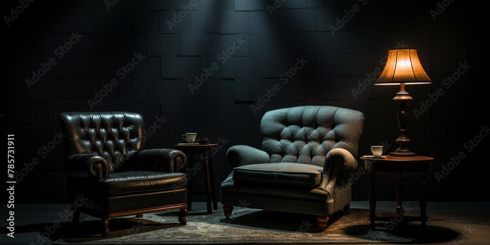 dark room with two cozy sofa and a table with a lamp - obrazy, fototapety, plakaty 