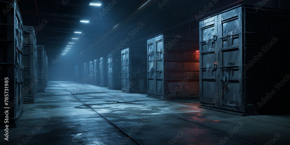 Towers in the server room up close, A dimly lit room filled with rows of metallic storage containers