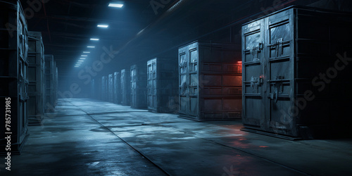 Towers in the server room up close, A dimly lit room filled with rows of metallic storage containers