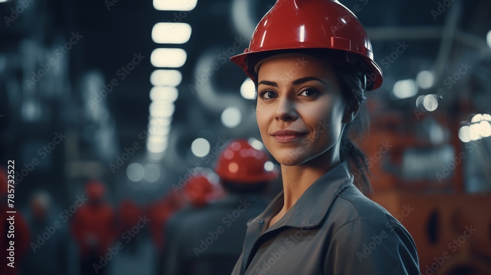 Female Factory worker wearing a safety helmet in the background of a production line.