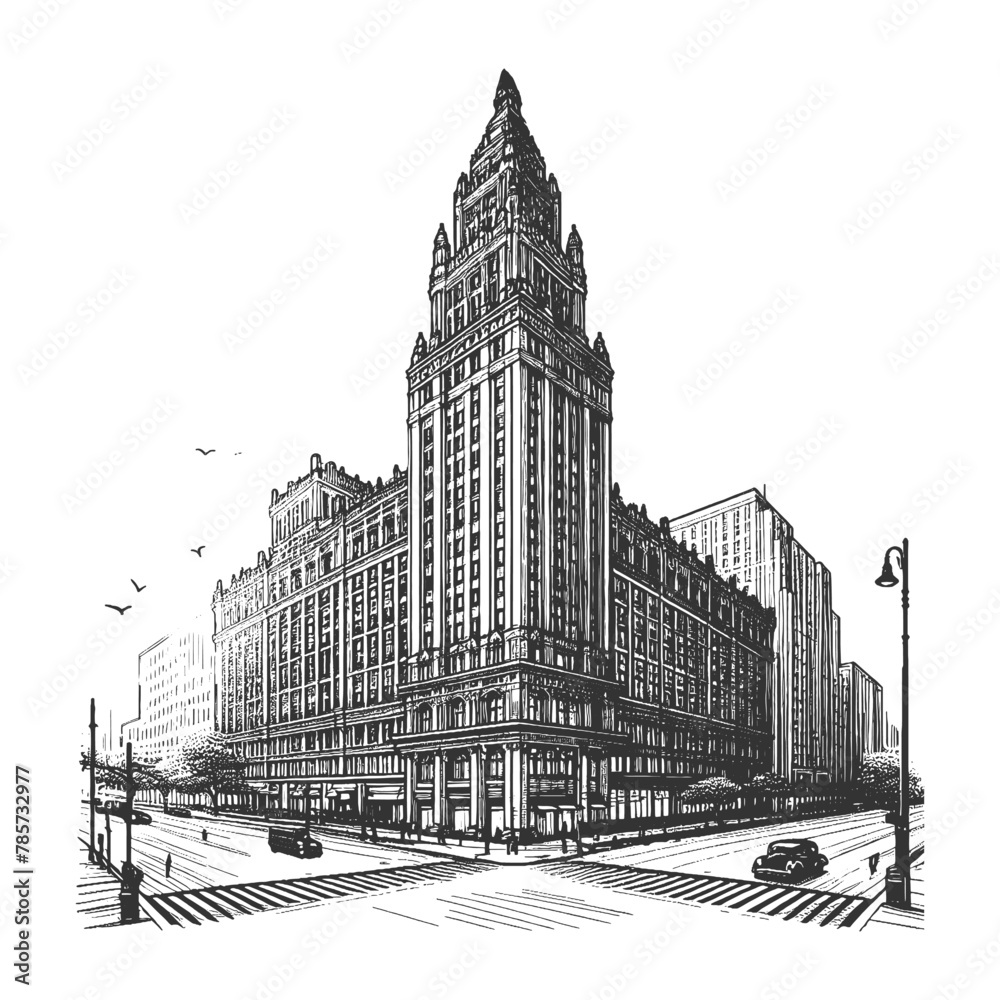 bustling city street corner detailed historic high-rise building, the essence of urban architecture sketch engraving generative ai vector illustration. Scratch board imitation. Black and white image.