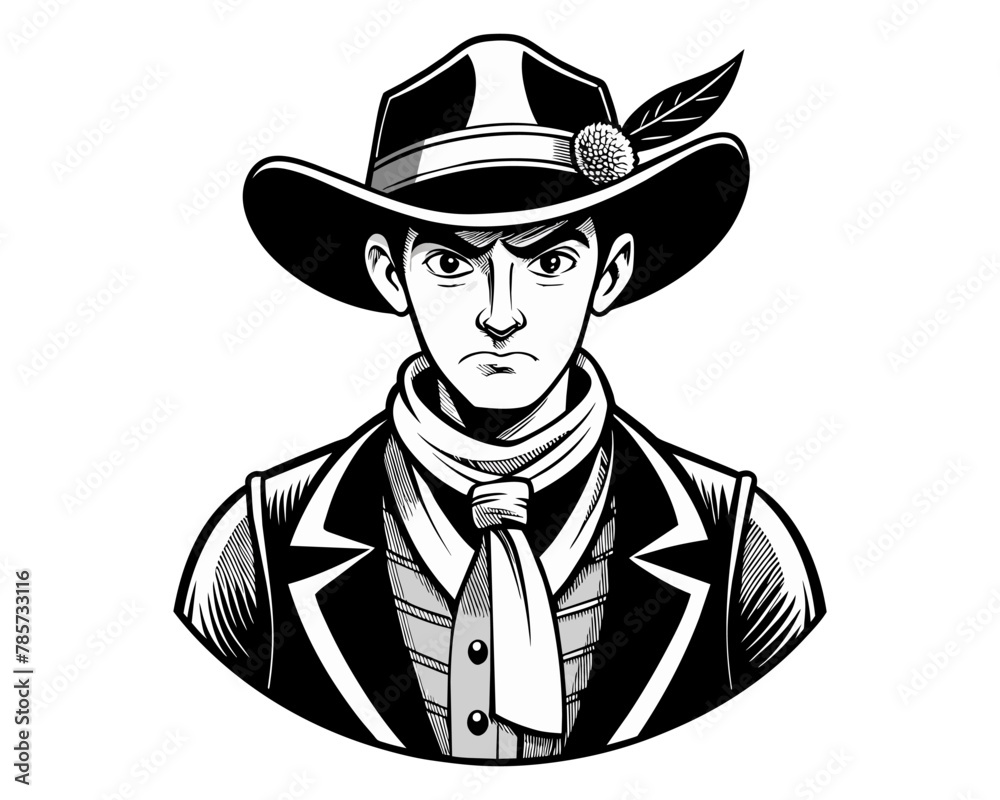 Young Cowboy portrait in black and white. Monochrome vector of a guy with a hat. Isolated on white background. Concept of Western culture, masculine style, vintage Americana. Logo, sticker design