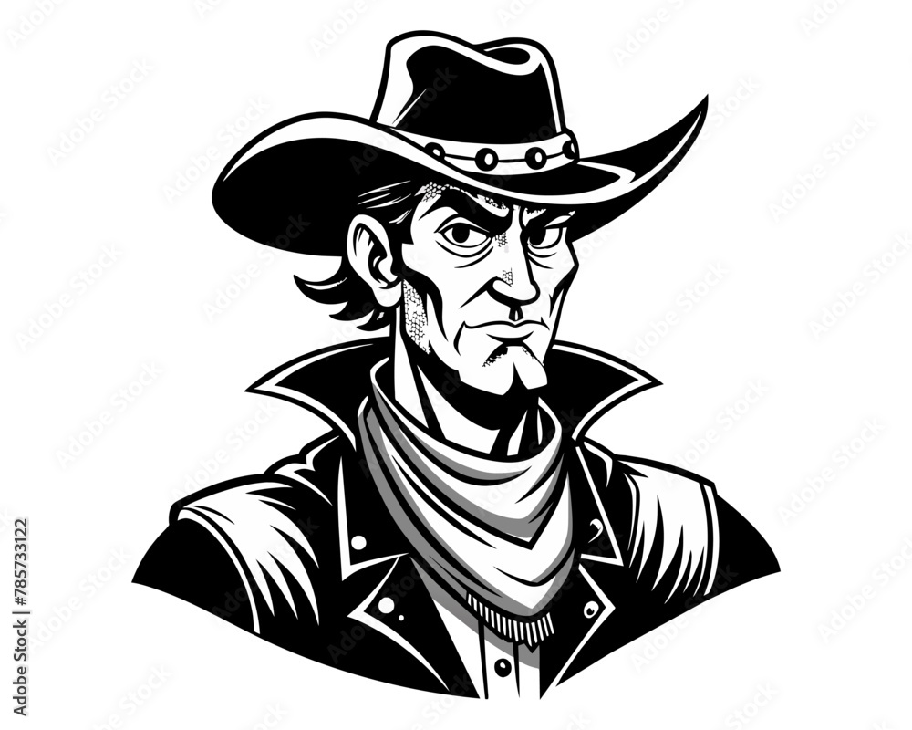 Vector illustration of a cowboy. Portrait of man in hat in black and white. Isolated on white background. Concept of American West, rugged look, and heritage fashion. Logo, sticker design Vector illustration of a cowboy. Portrait of man in hat in black and white. Isolated on white background. Concept of American West, rugged look, and heritage fashion. Logo, sticker design