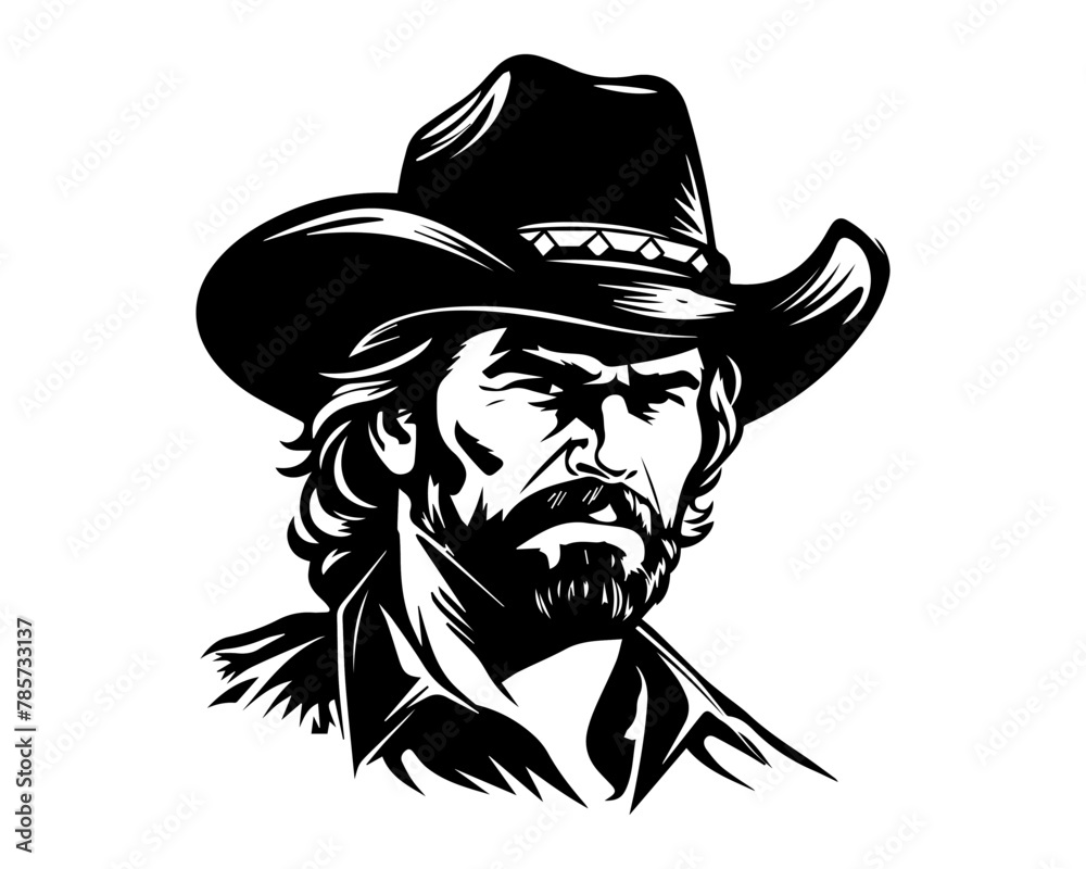 Cowboy portrait in black and white. Monochrome vector of a man with a hat and beard. Isolated on white background. Concept of Western culture, masculine style, vintage Americana. Logo, sticker design Cowboy portrait in black and white. Monochrome vector of a man with a hat and beard. Isolated on white background. Concept of Western culture, masculine style, vintage Americana. Logo, sticker design
