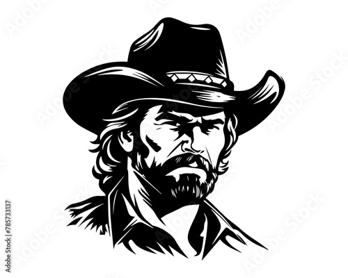 Cowboy portrait in black and white. Monochrome vector of a man with a hat and beard. Isolated on white background. Concept of Western culture, masculine style, vintage Americana. Logo, sticker design