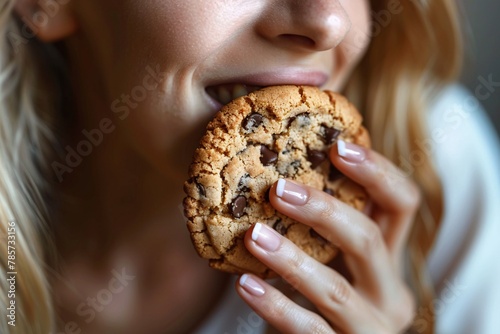 Detailed close-up of a woman munching on a chewy  sweet cookie
