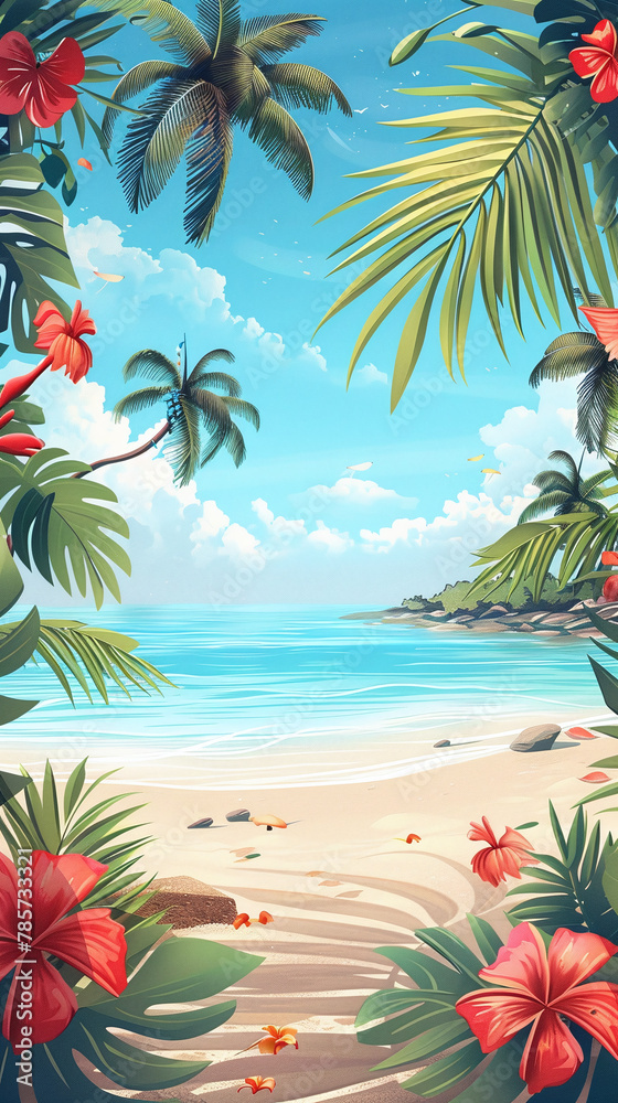 illustration of beach with palm trees with leave jungle leaves and flower frame