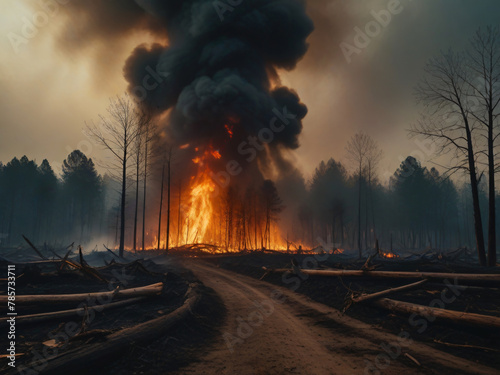 A devastating scene unfolds as forests are ravaged by deforestation and logging fires, Generative AI