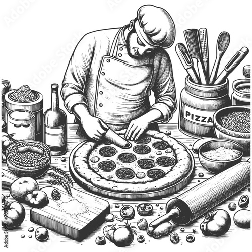 pizzaiolo chef adding toppings to a pepperoni pizza, surrounded by ingredients and cooking utensils sketch engraving generative ai vector illustration. Scratch board imitation. Black and white image.