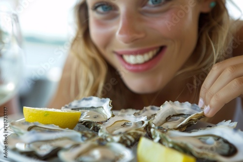 Close-up of a woman relishing a platter of freshly shucked oysters