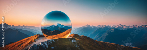glass sphere on mountain at sunset, background, backdrop, wallpaper, copy space, space for text  #785733909