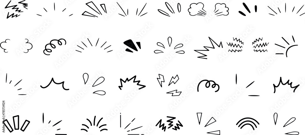 Doodle line sparkles and rays. Hand drawn explosion lines confetti, sun burst, decorative effect surprise elements. Sketch comic celebrating splash and sign. Vector	
