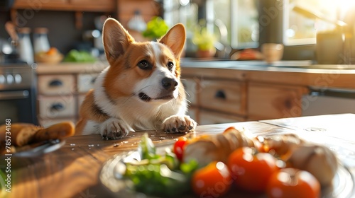 Sunlit Corgi Contemplates Kitchen Feast #PetLife. Concept Pets, Sunlight, Kitchen, Corgi, Feast photo