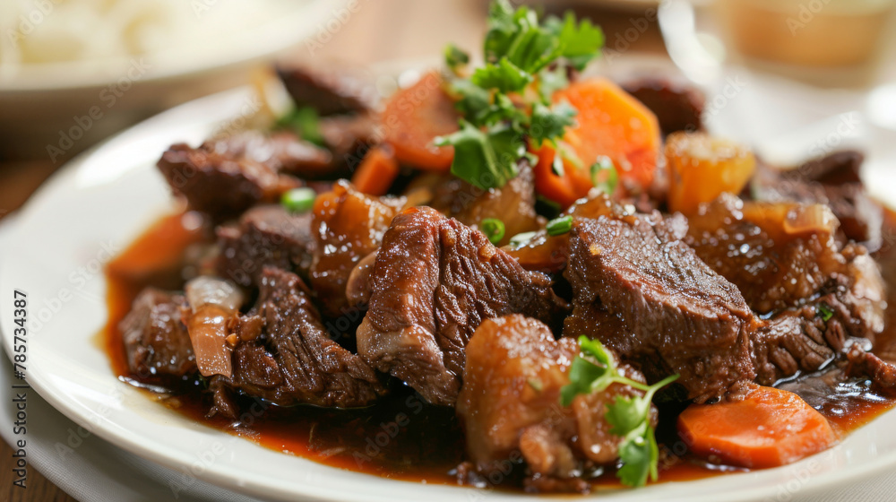 Delectable beef stew with vegetables close-up Delectable beef stew with vegetables close-up