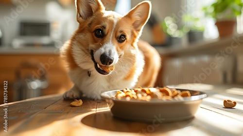 Puppy's Snack Time in Sunny Kitchen. Concept Pets, Food, Kitchen, Snacks, Sunny