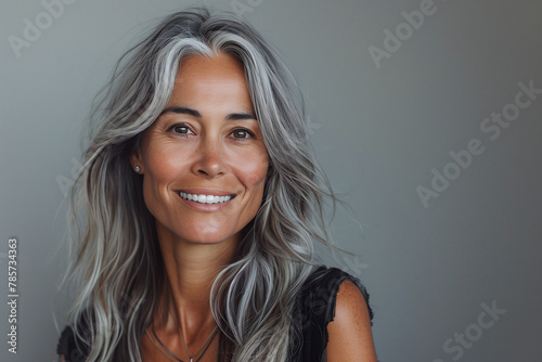 A stunning mature woman in her 50s, with long gray hair, against a light gray background