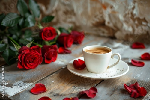 red roses and coffee on the tabel in old retro cafe. brown and gray colors