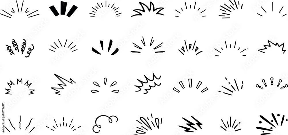 Line movement effect element, cartoon emotion effect decoration icon. Hand drawn cute doodle line element arrow, emphasis, shock, sparkle. Anime movement, express shap