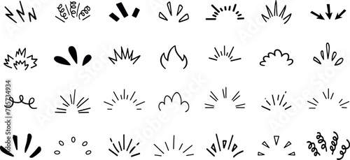 Line movement effect element, cartoon emotion effect decoration icon. Hand drawn cute doodle line element arrow, emphasis, shock, sparkle. Anime movement, express shap