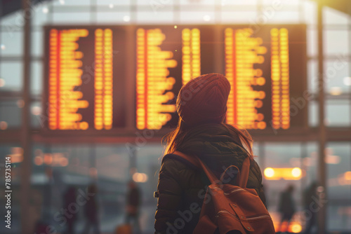 Traveler checking flight status on airport departure board. Generative AI image