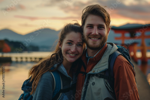 Young Couple at Sunset Near Traditional Japanese Shrine. Generative AI image photo