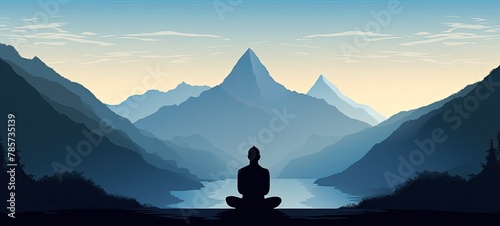 Person in lotus pose, is positioned against the backdrop of towering mountains, concept of inner harmony and balance.