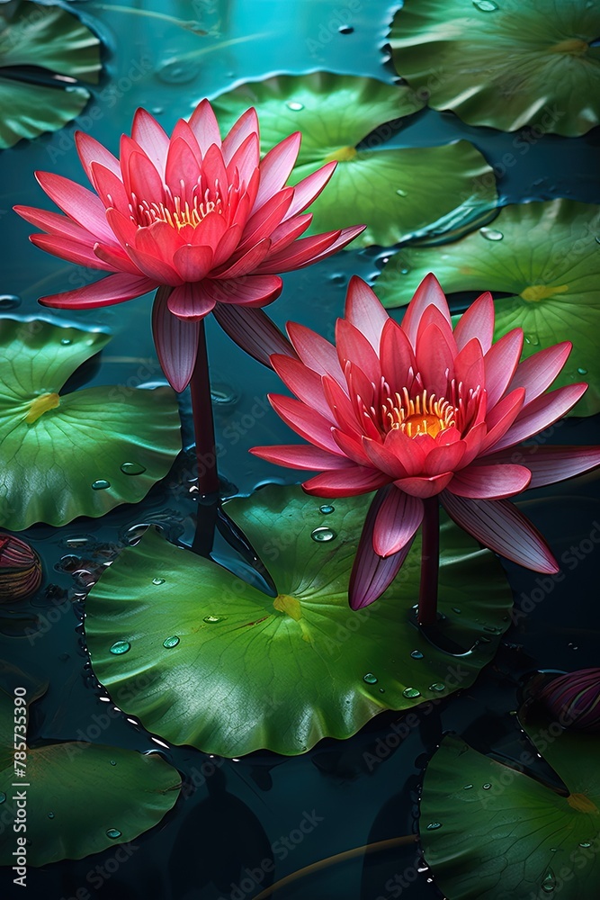 red lotus lilies flowers in pond over water, - obrazy, fototapety, plakaty 