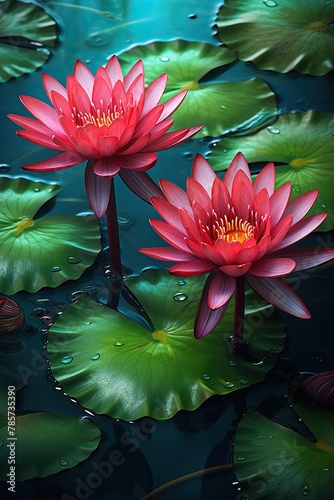 red lotus lilies flowers in pond over water, © neirfy