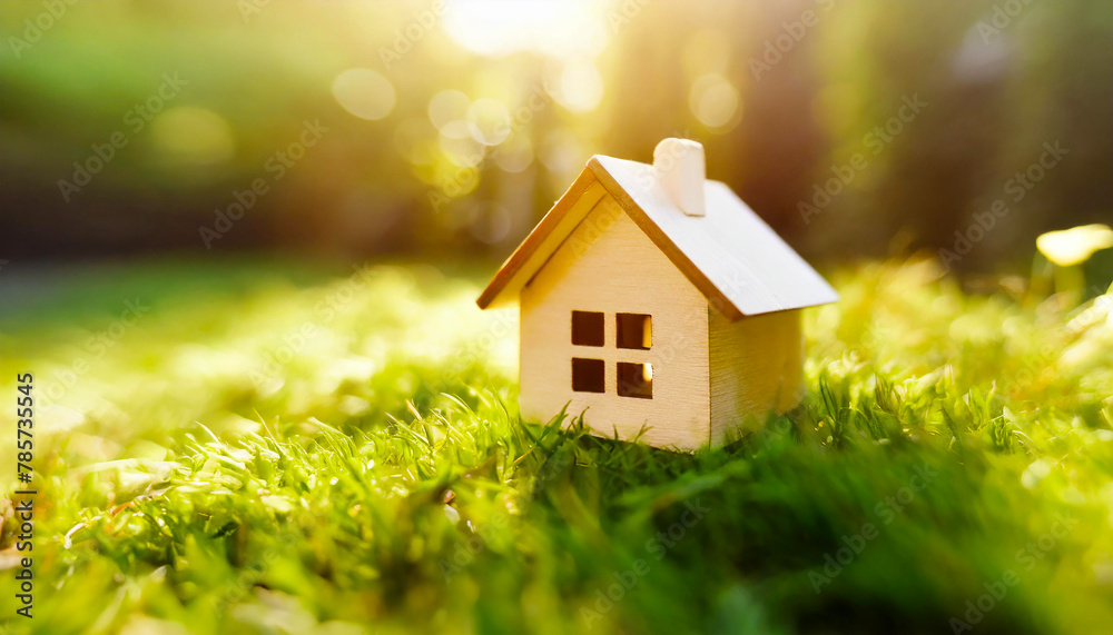Miniature toy wooden house standing on spring fresh green grass. eco-friendly concept. Mockup background with empty space for text, presentation product. Generative AI. Miniature toy wooden house standing on spring fresh green grass. eco-friendly concept. Mockup background with empty space for text, presentation product. Generative AI.